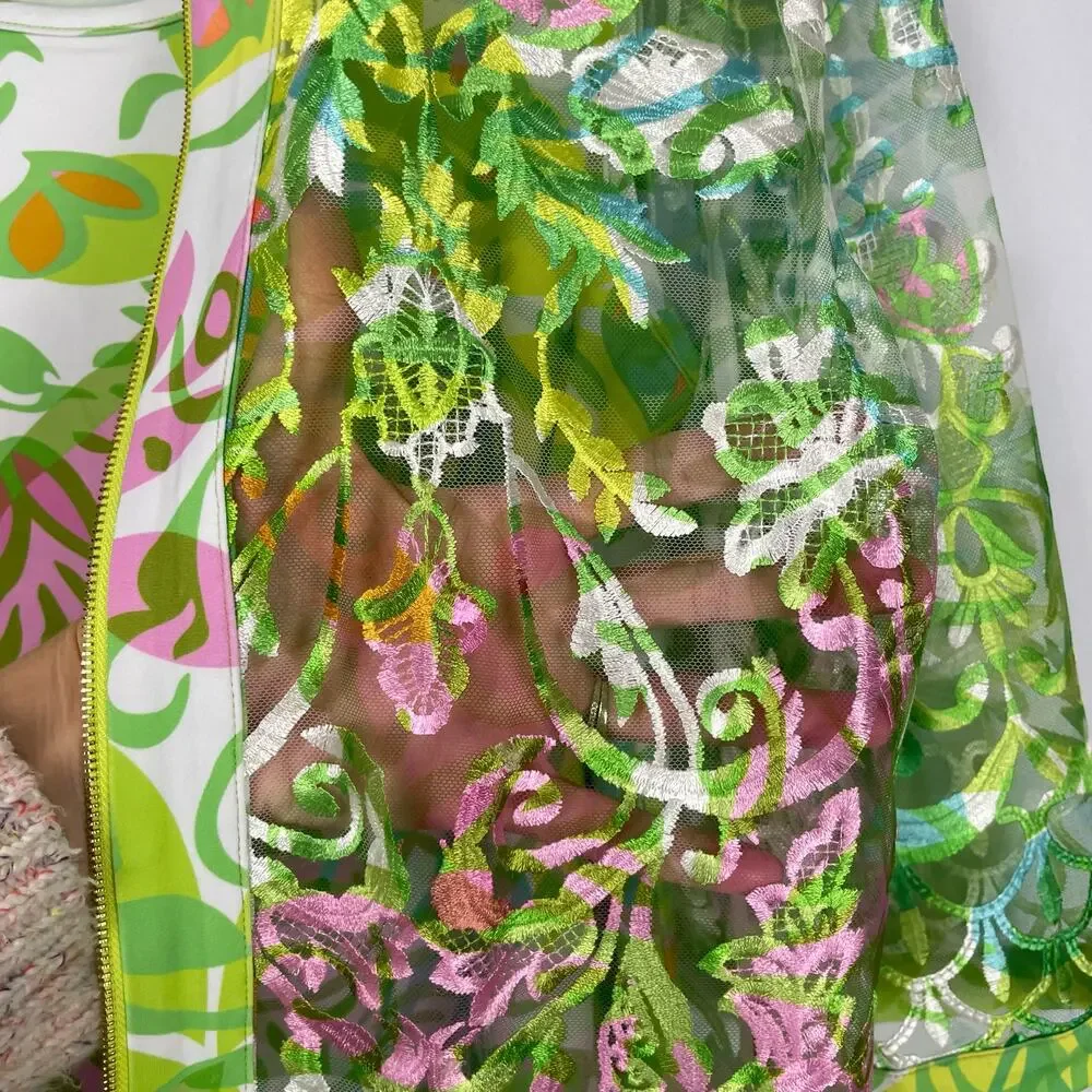 Pleats Collection | Bright Neon Green & Pink Floral Lace Sheer Jacket Tank Set